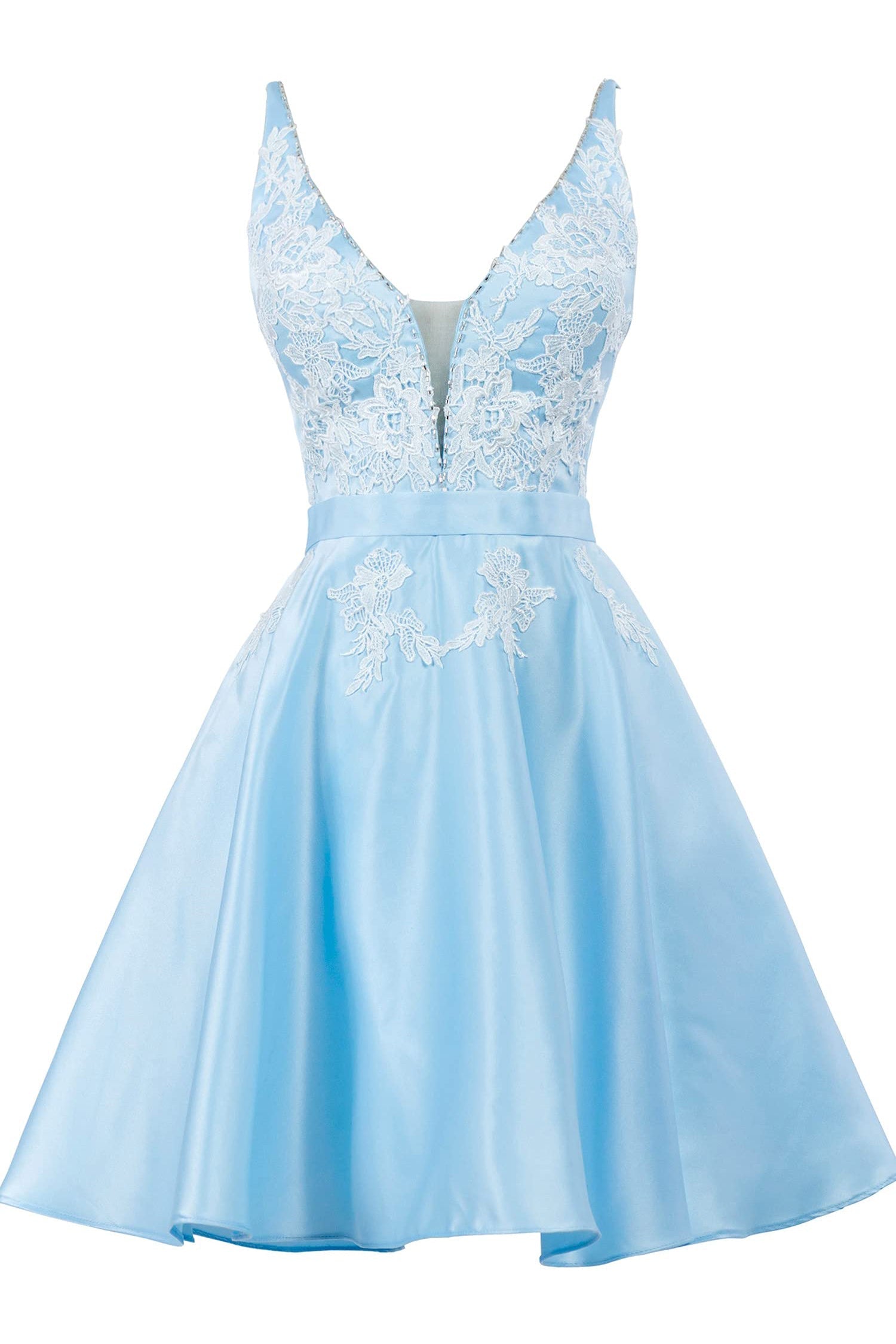 sleeveless v neck a line lace appliques short homecoming dresses satin short graduation gown