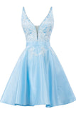 sleeveless v neck a line lace appliques short homecoming dresses satin short graduation gown