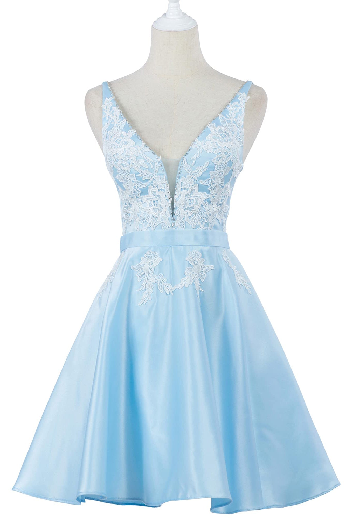 sleeveless v neck a line lace appliques short homecoming dresses satin short graduation gown