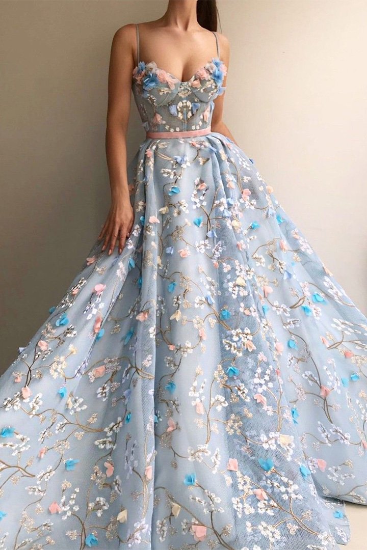 sky blue long prom dresses 3d mesh flower applique ball gowns