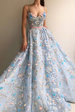 sky blue long prom dresses 3d mesh flower applique ball gowns