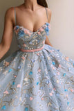 sky blue long prom dresses 3d mesh flower applique ball gowns