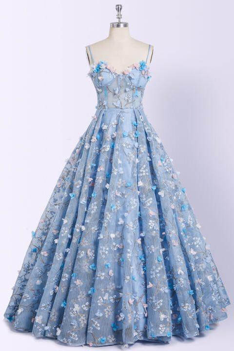 sky blue long prom dresses 3d mesh flower applique ball gowns