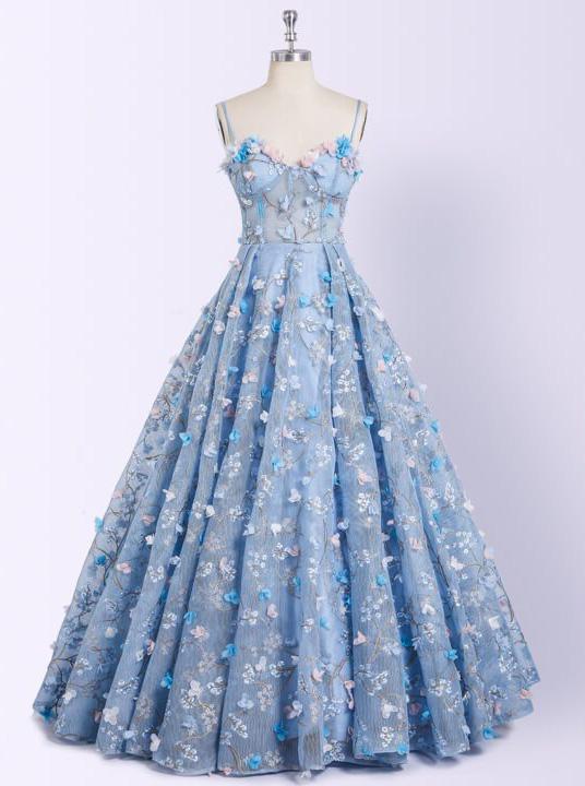 sky blue long prom dresses 3d mesh flower applique ball gowns