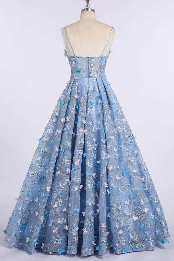 sky blue long prom dresses 3d mesh flower applique ball gowns