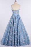 sky blue long prom dresses 3d mesh flower applique ball gowns