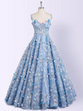 sky blue long prom dresses 3d mesh flower applique ball gowns