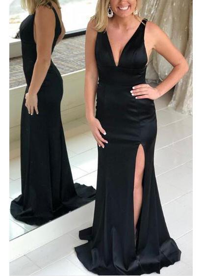 simple v neck black long prom dress sheath evening dress with split