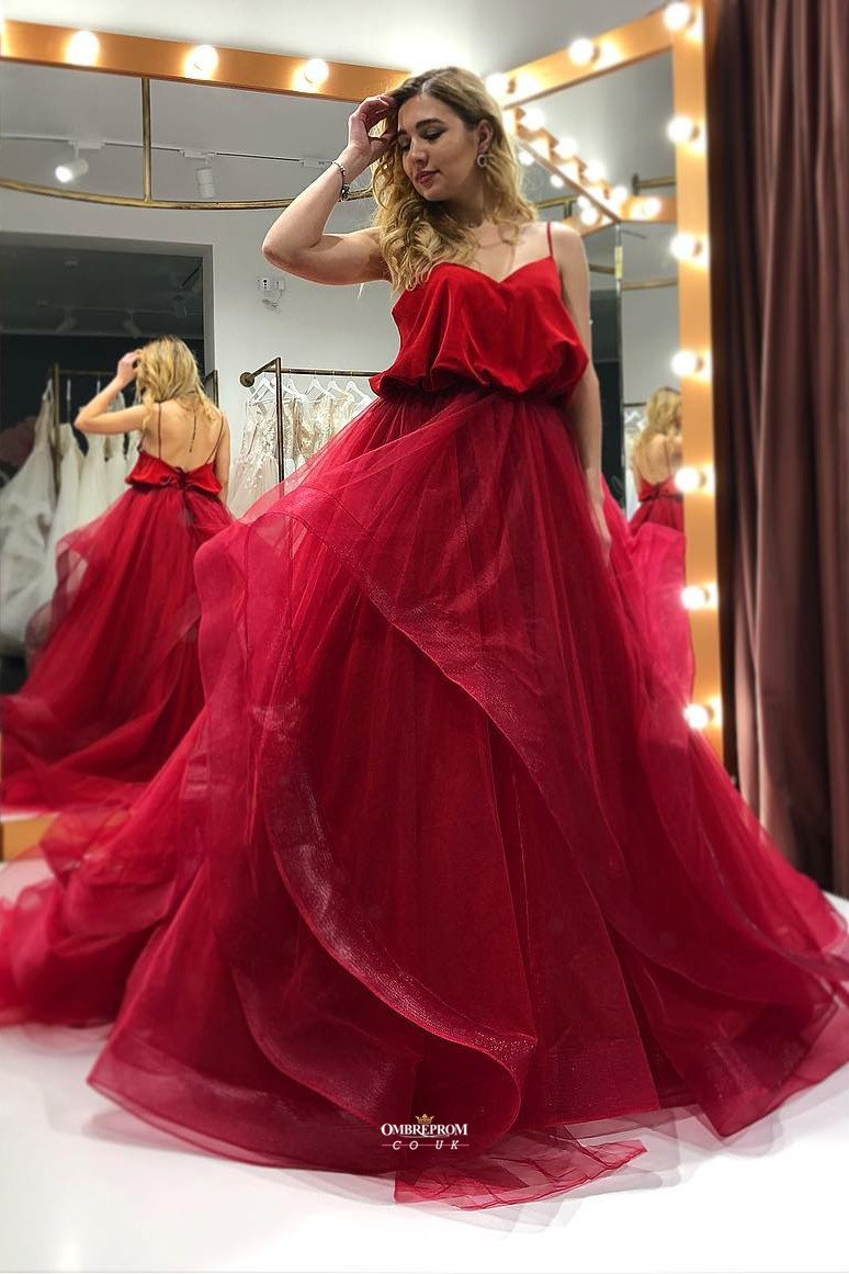 spaghetti straps organza long burgundy prom gown backless party dresses