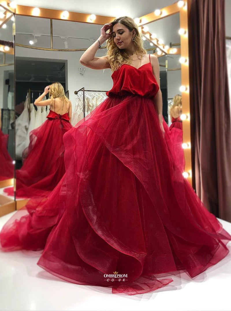 spaghetti straps organza long burgundy prom gown backless party dresses