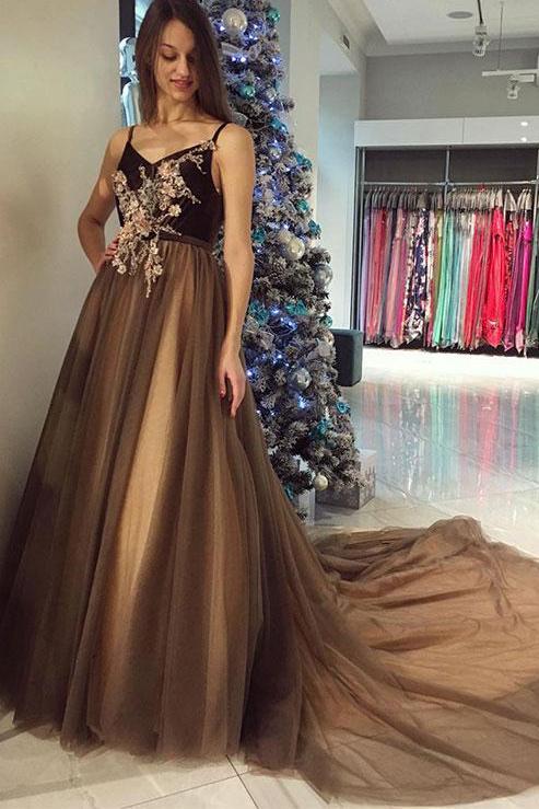 spaghetti straps v neck tulle chocolate long prom dress sweep train