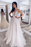 Spaghetti Straps A-line Tulle V-back Boho Wedding Dress, Applique Wedding Gown PW495