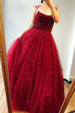 spaghetti straps beaded bodice long burgundy prom dresses evening gown