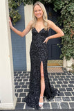 sparkly spaghetti straps black mermaid sequins long prom dress with split