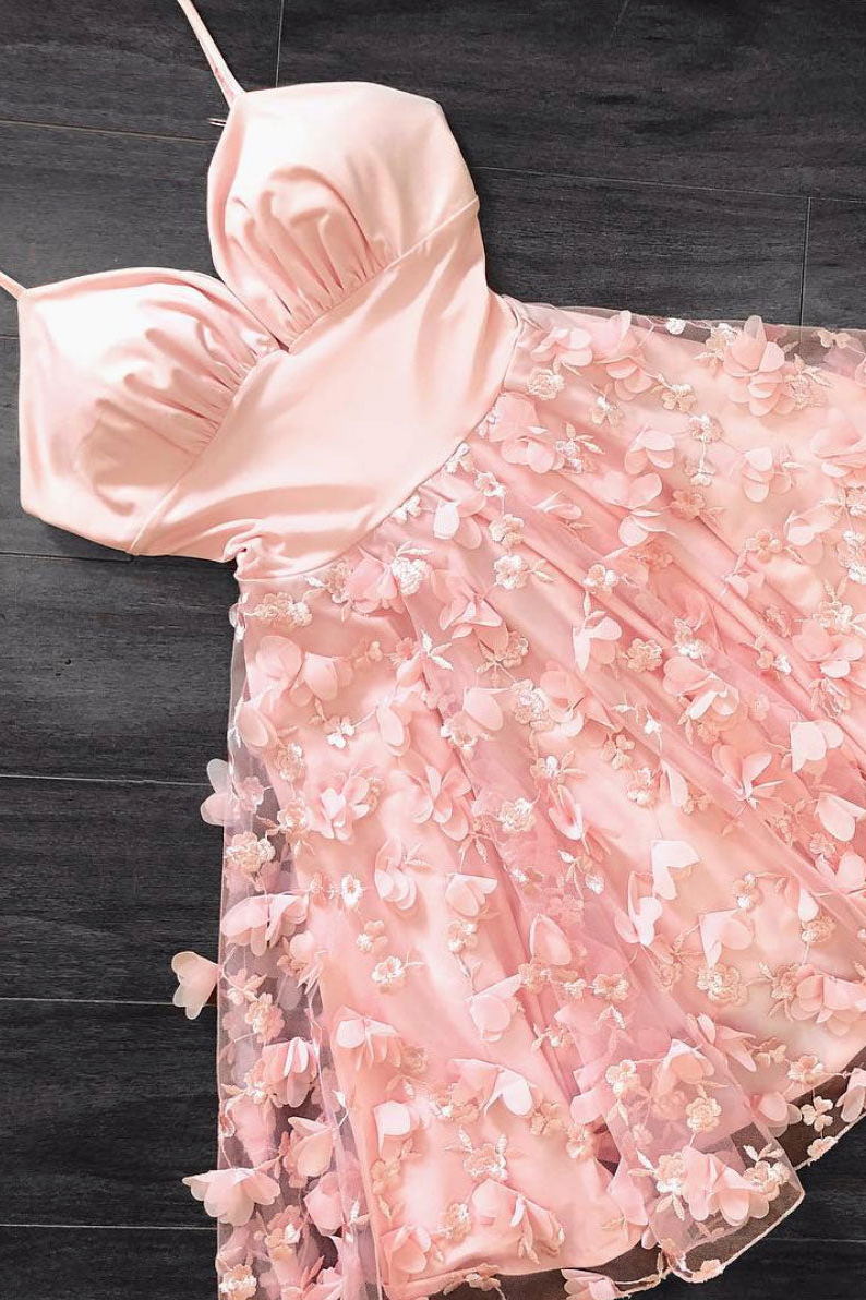 spaghetti straps lace applique short prom dress pink homecoming party dress