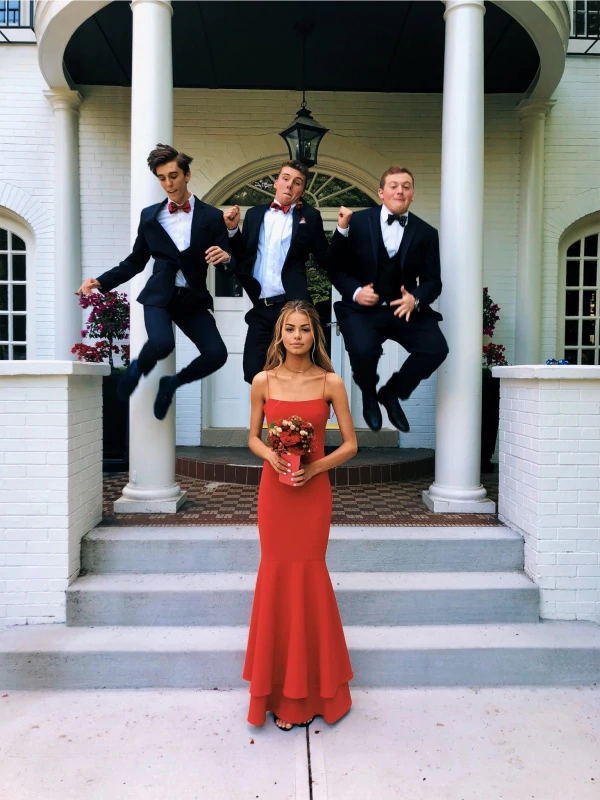 spaghetti straps mermaid simple prom dress red long bridesmaid dresses