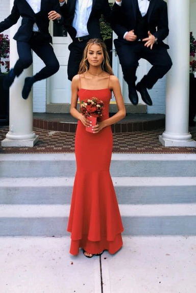spaghetti straps mermaid simple prom dress red long bridesmaid dresses