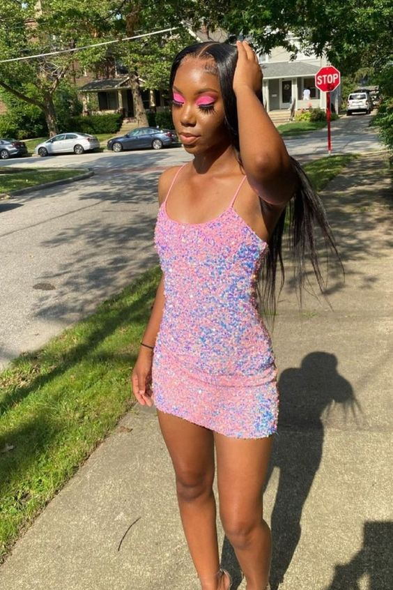 spaghetti straps pink sequins short homecoming dress sparkly mini boydcon party dress