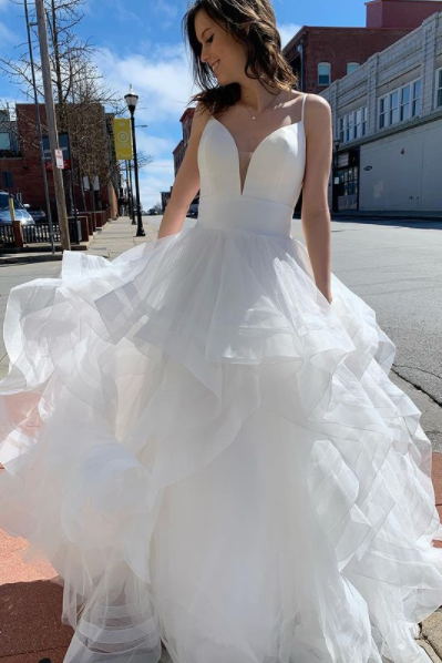 spaghetti straps princess wedding dress white tiered bridal gown