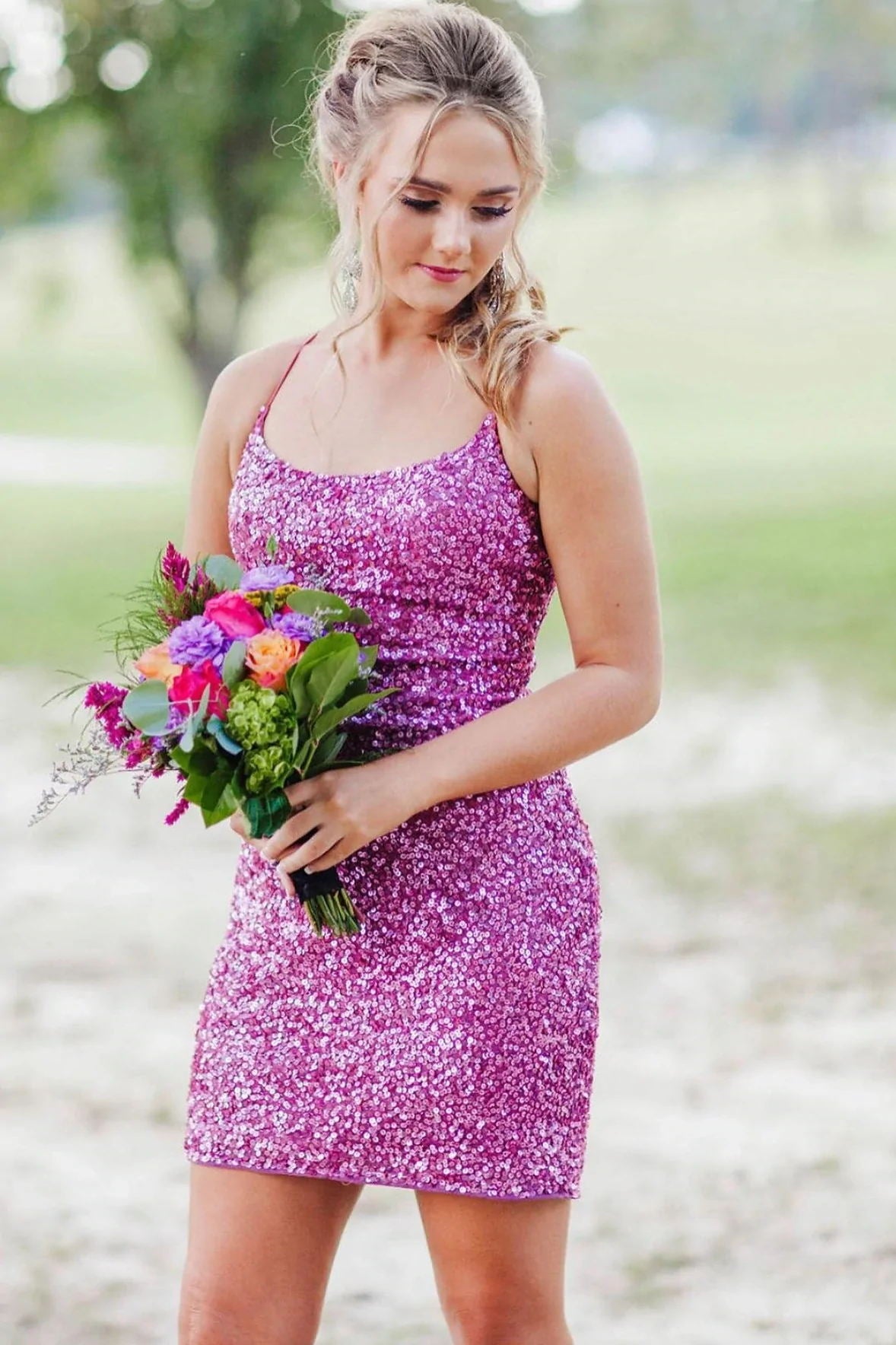 hot pink sparkly bodycon party dress spaghetti straps sequin homecoming dresses