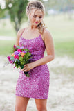 hot pink sparkly bodycon party dress spaghetti straps sequin homecoming dresses