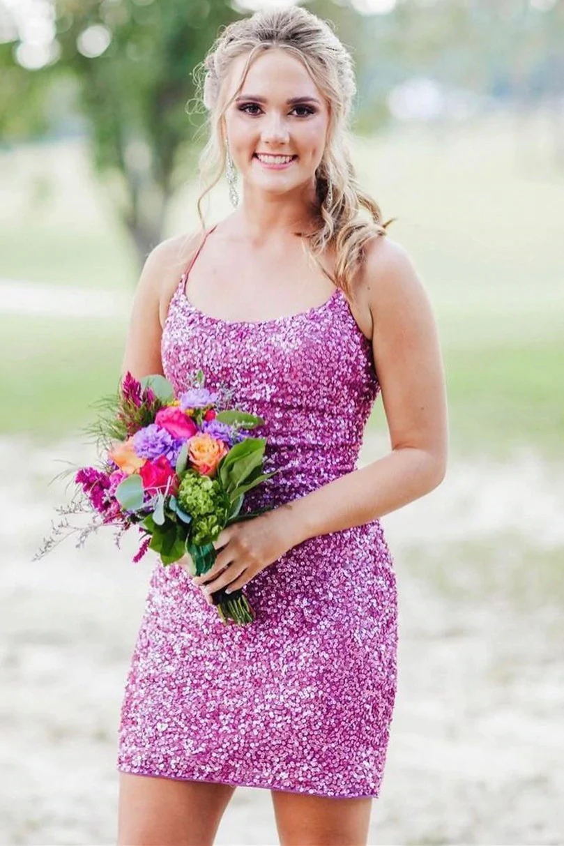 hot pink sparkly bodycon party dress spaghetti straps sequin homecoming dresses