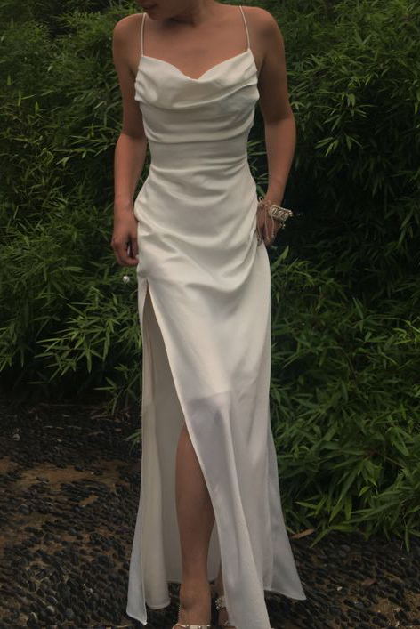 spaghetti straps simple long prom dresses with split slit evening gowns