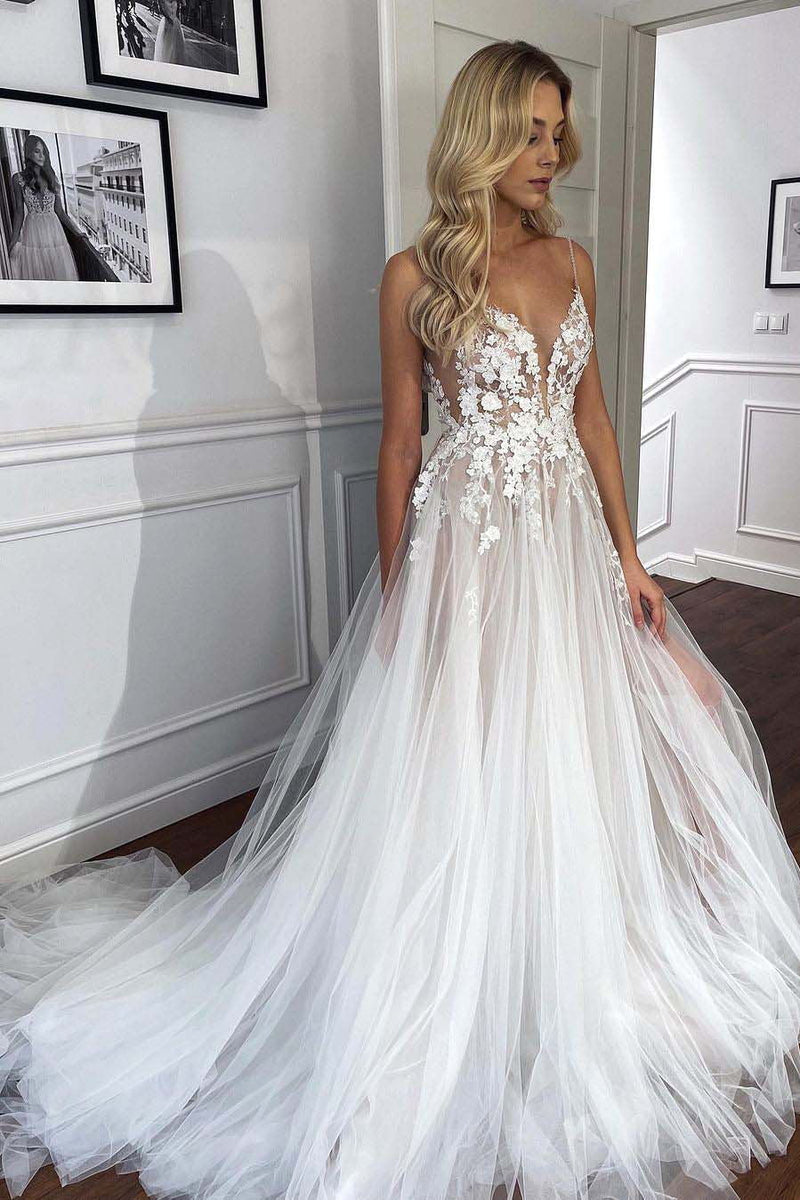 spaghetti straps v neck lace appliques sheer a line tulle beach wedding dress