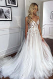 Spaghetti Straps V-Neck Lace Appliques Sheer A-line Tulle Beach Wedding Dress PW492