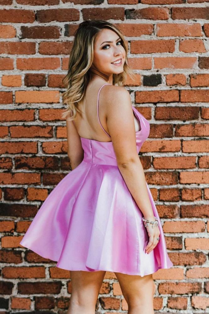 spaghetti straps v neck light purple satin simple homecoming dress