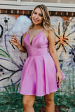 Spaghetti Straps V-Neck Light Purple Satin Simple Homecoming Dress GM514
