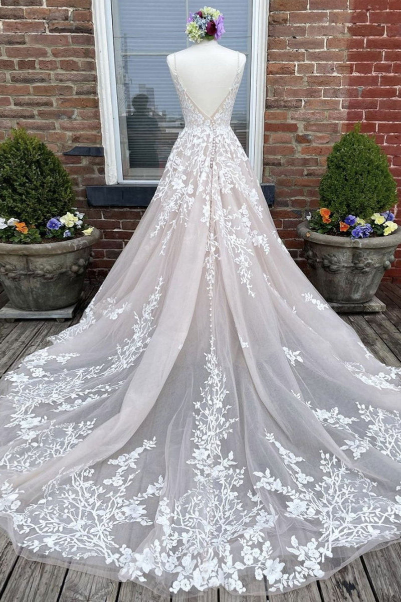 spaghetti straps v neck tulle lace applique long wedding dress with train