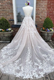 spaghetti straps v neck tulle lace applique long wedding dress with train