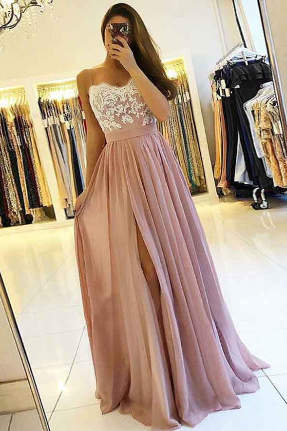 spaghetti appliqued sweetheart chiffon prom dress with slit