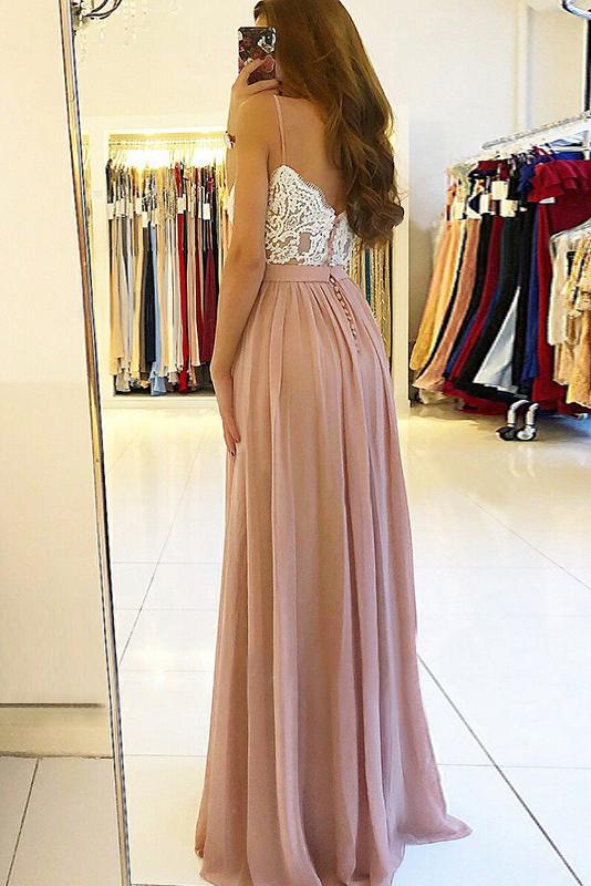 spaghetti appliqued sweetheart chiffon prom dress with slit