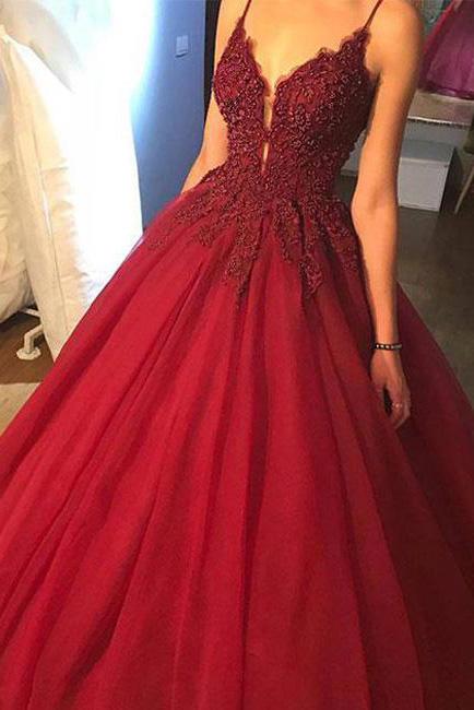 spaghetti v neck burgundy long prom dress ball gown with beading