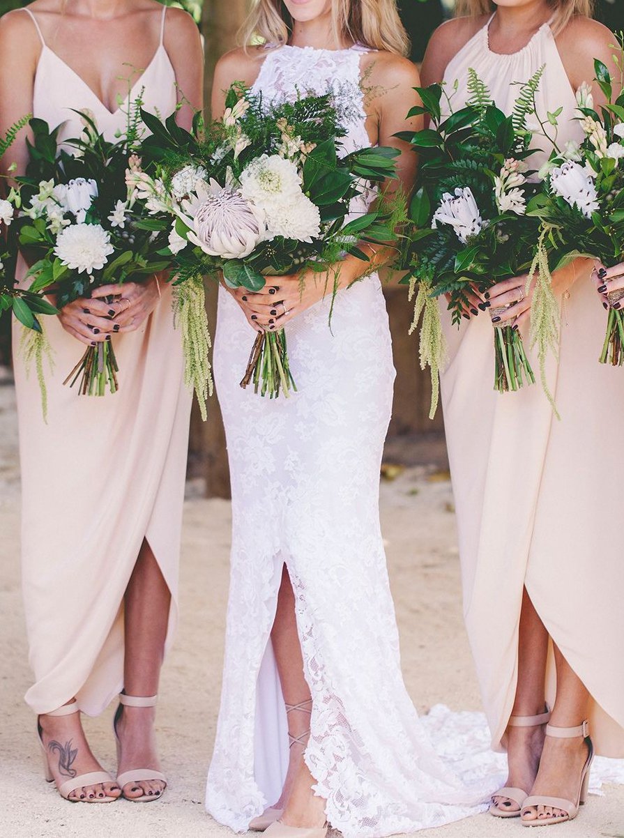 spaghetti straps asymmetrical chiffon ankle length long bridesmaid dresses