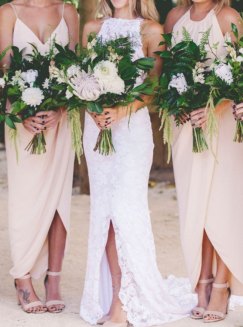 spaghetti straps asymmetrical chiffon ankle length long bridesmaid dresses