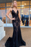 Spaghetti Straps Mermaid Prom Dress V-neck Lace Backless Party Gown MP712