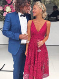 spaghetti straps v neck asymmetrical lace short bridesmaid dress