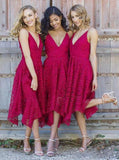 spaghetti straps v neck asymmetrical lace short bridesmaid dress