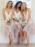 spaghetti straps v neck asymmetrical lace short pink bridesmaid dresses