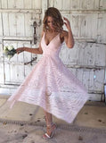 spaghetti straps v neck asymmetrical lace short pink bridesmaid dresses