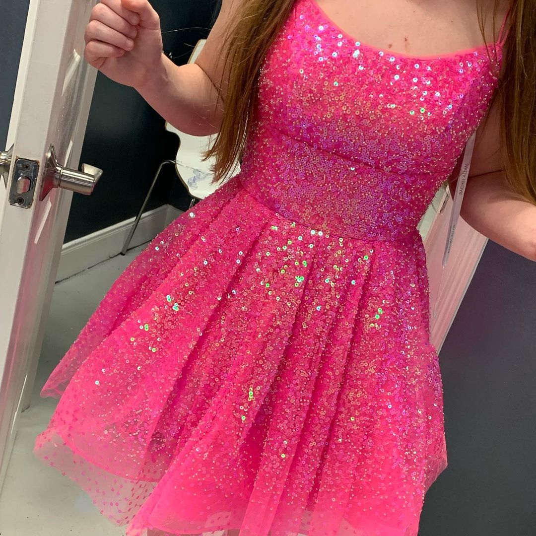 sparkle homecoming dress a line hot pink sequins short prom dress