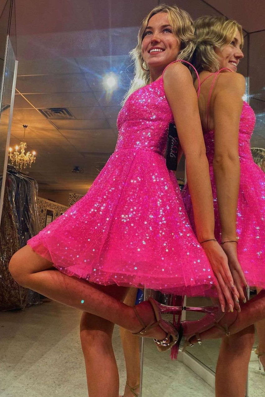 sparkle homecoming dress a line hot pink sequins short prom dress