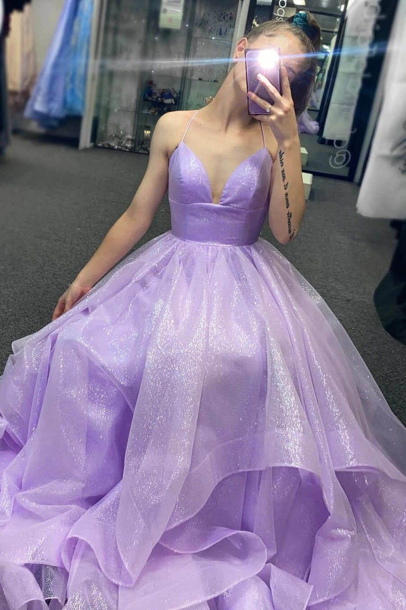 sparkle lavender tiered long prom dresses shiny long graduation gown