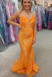 sparkle orange sequined mermaid long prom dresses long evening gown