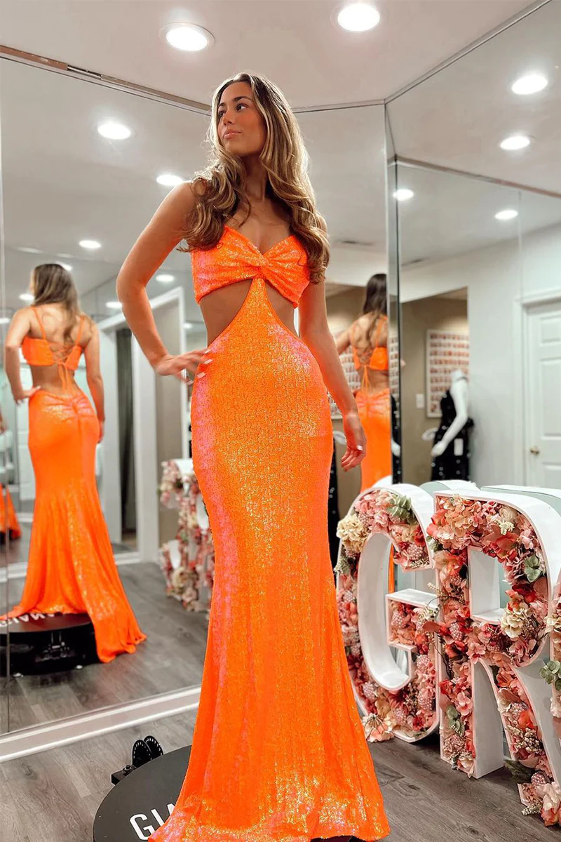 sparkly sweetheart mermaid cut out orange sequins prom dresses