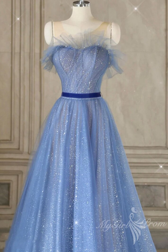 a line tulle blue long prom dresses blue tulle formal dresses