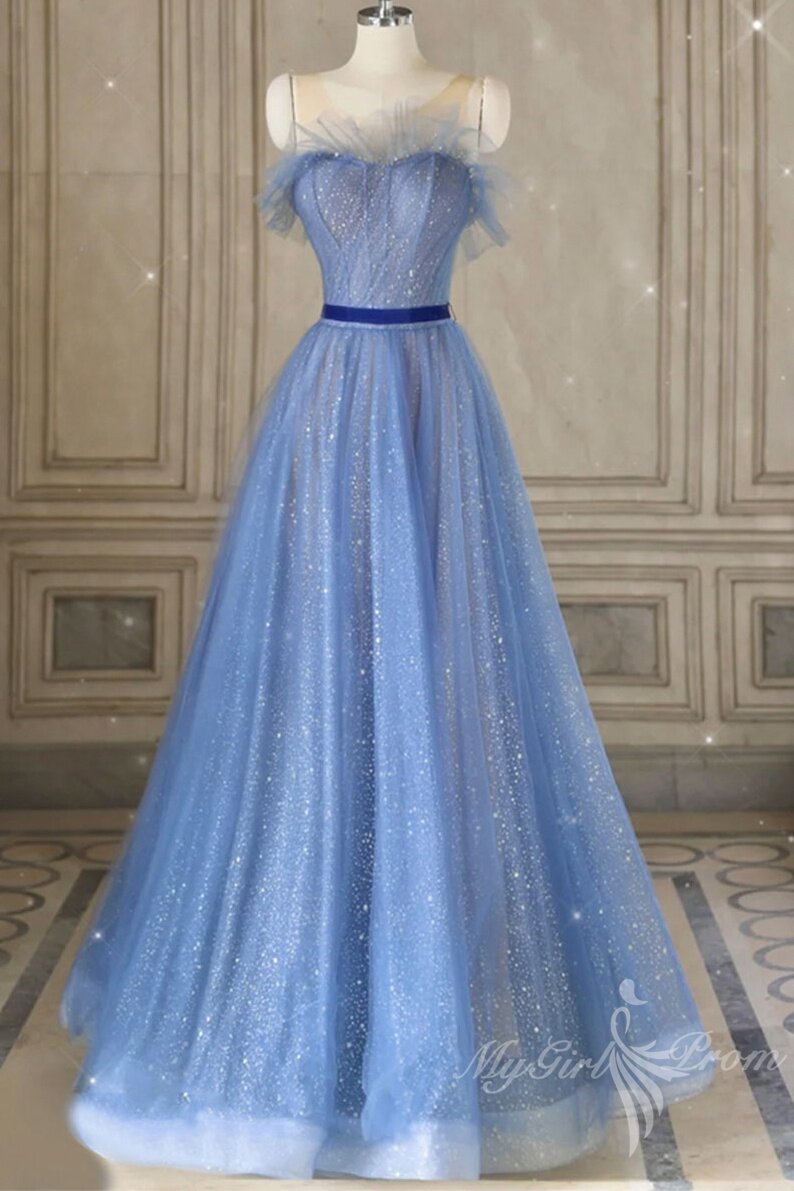 a line tulle blue long prom dresses blue tulle formal dresses